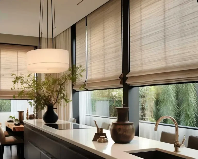 Modern kitchen with large windows, Roman shades from Window Treatments North Carolina, and bronze vases.